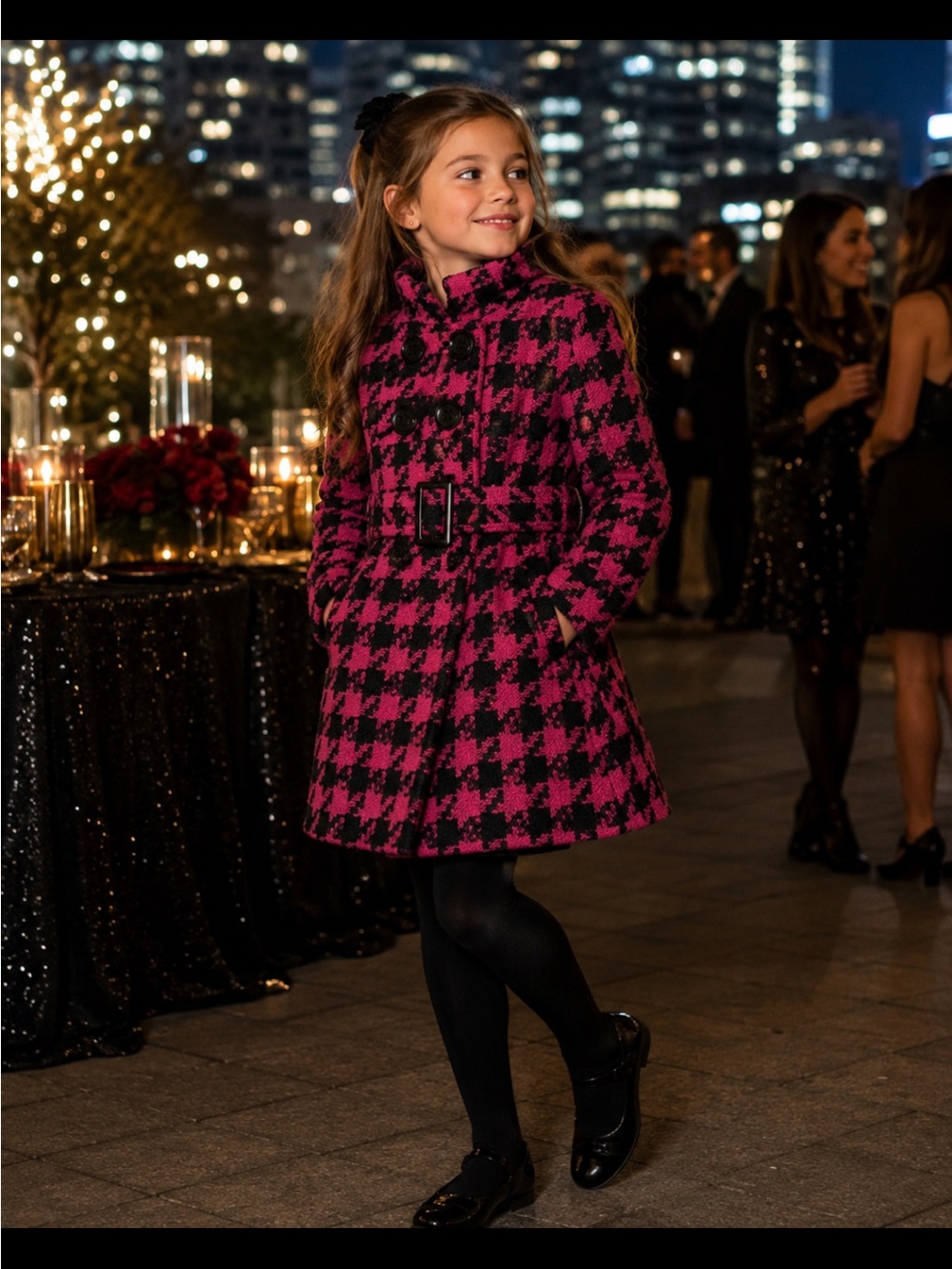 NWT YOKI Girls' Fuchsia & Black Houndstooth Belted Coat.  Girls Size M 8-10